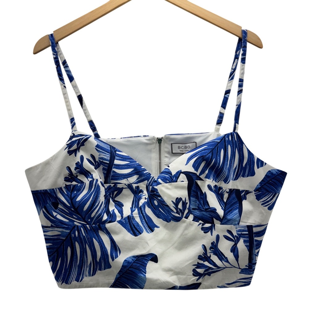Womens BCBG New York Palm Print‎ Crop Top Blue White Tropical Bustier Size XL